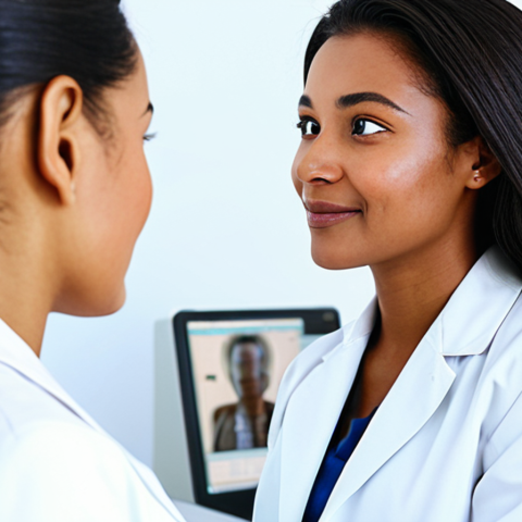 Skincare Consultation**

"A woman with a diverse skin tone, fully clothed in a modest, professional white coat, examining a client's face in a brightly lit dermatology clinic. The client is also fully clothed and relaxed. The focus is on the professional interaction and skin analysis, not the client's features. Safe for work, appropriate content, perfect anatomy, natural pose, well-lit photography."

**