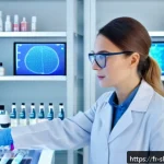 스킨케어 관련 대학 및 학과 소개 - A modern skincare laboratory scene showing a female cosmetic scientist wearing a white lab coat and ...