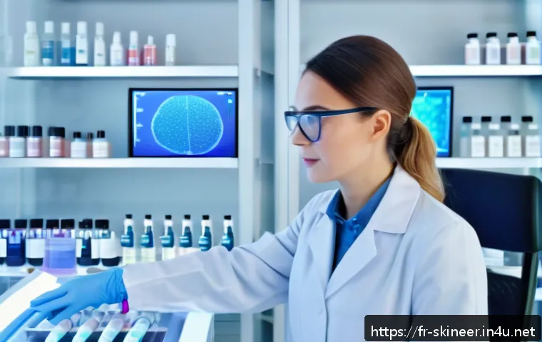 스킨케어 관련 대학 및 학과 소개 - A modern skincare laboratory scene showing a female cosmetic scientist wearing a white lab coat and ...