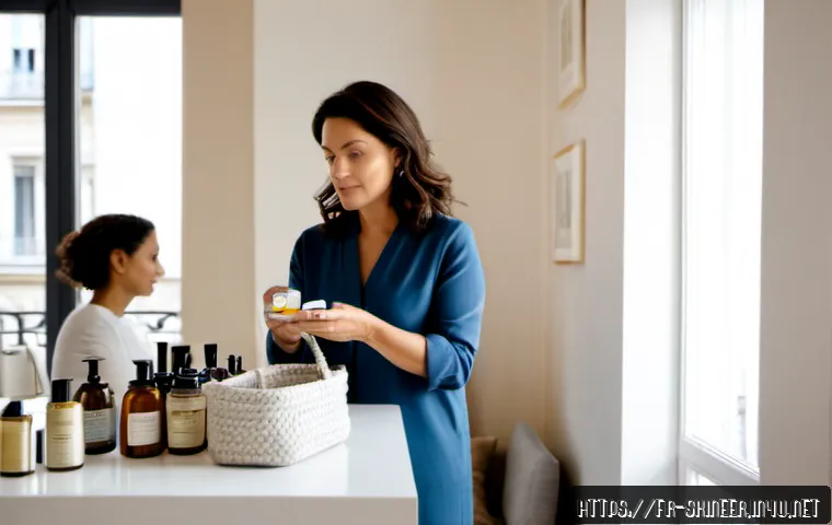 스킨케어 업계 동향 및 소비자 행동 분석 - Photorealistic French skincare consumer behavior scene, elegant Paris apartment bathroom vanity with...